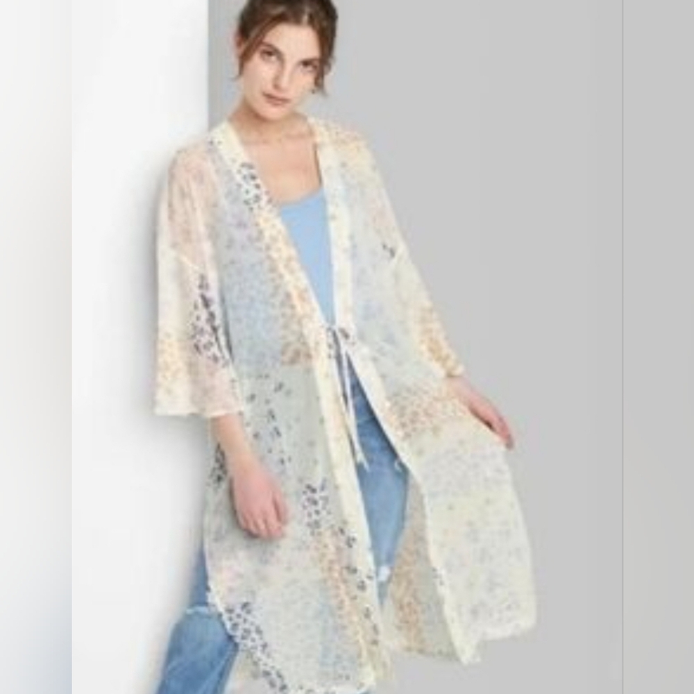 Wild Fable Sheer Floral Kimono - Cream and Blue
